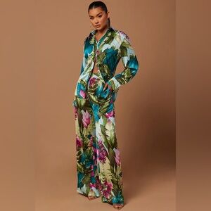 Kyoto Satin Pant Set - Green/combo